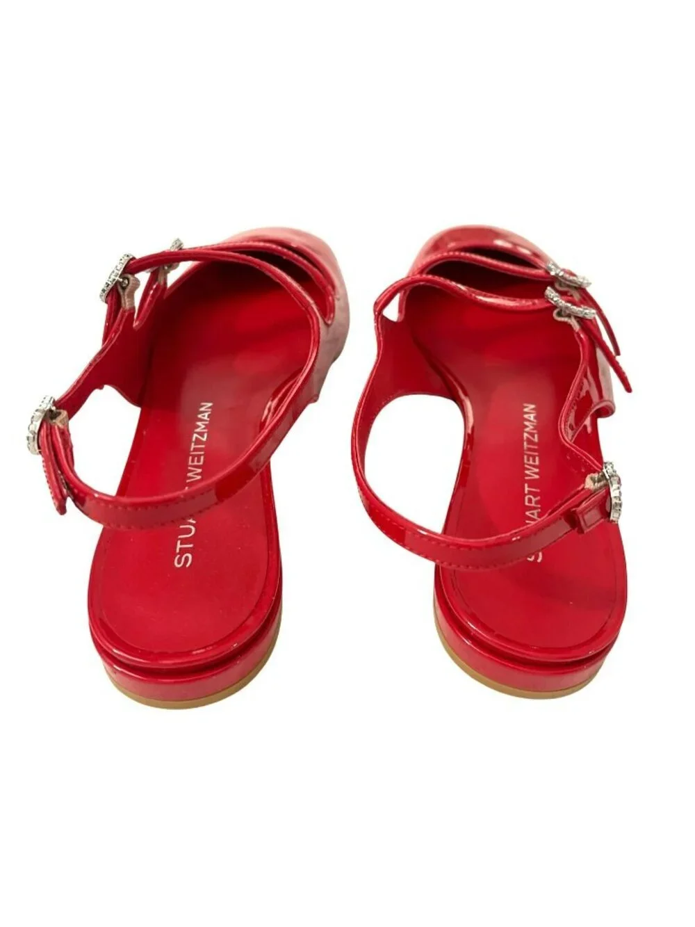 Stuart Weitzman $475 Claris Red Patent Leather Rhinestone Slingback 7.5 NEW